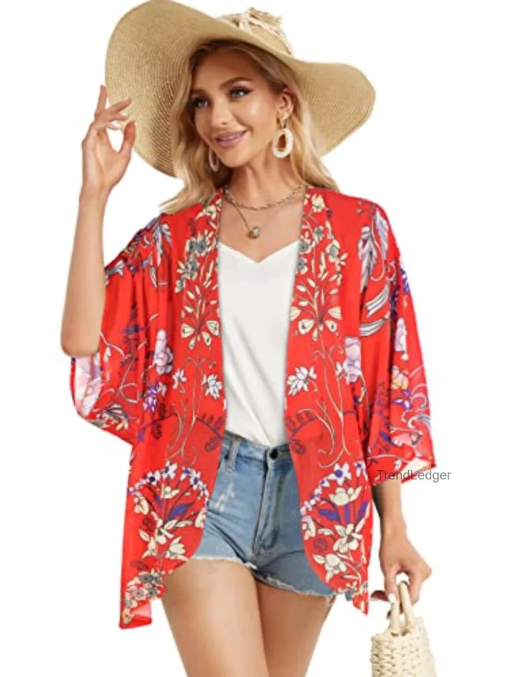Chiffon Floral Kimono Cardigan Open Front Beach Cover Up